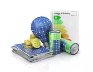 Concept of saving money if use solar energy. Solar battery in form of panel, bulb and battery with money.
