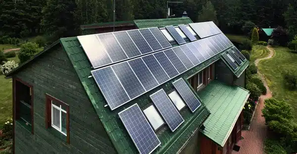 rustic wood house with solar panel