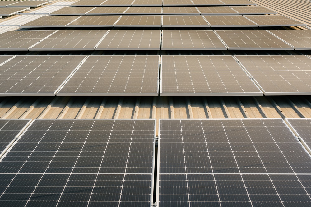 Rows of solar panels installed on a metal roof, viewed from below—a testament to expert Solar Installers in Plaquemines Parish.